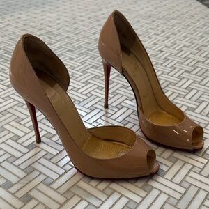 Christian Louboutin Nude Patent Peep-Toe Stiletto Heels with Red Soles